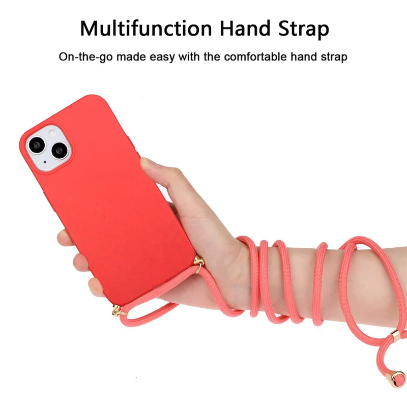 Bulk Purchasing For iPhone 13 Back Case Wheat Straw + TPU Shockproof Phone Cover with Adjustable Lanyard - Red