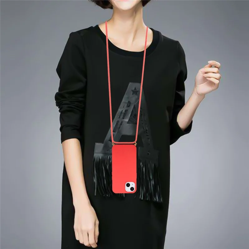 Bulk Purchasing For iPhone 13 Back Case Wheat Straw + TPU Shockproof Phone Cover with Adjustable Lanyard - Red