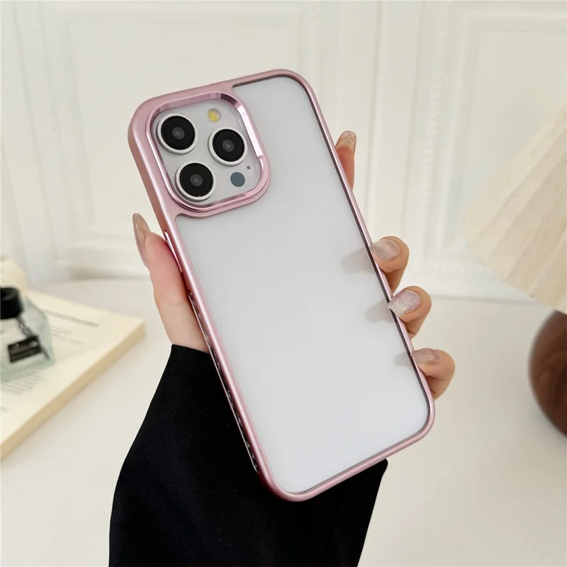 For iPhone 16 Pro Max Clear Phone Case Electroplating Edge PC Acrylic Back Cover - Pink