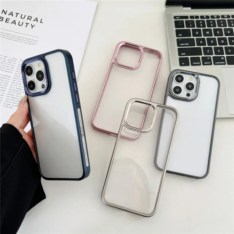 For iPhone 15 Pro Max Clear Phone Case Electroplating Edge PC Acrylic Back Cover - Pink
