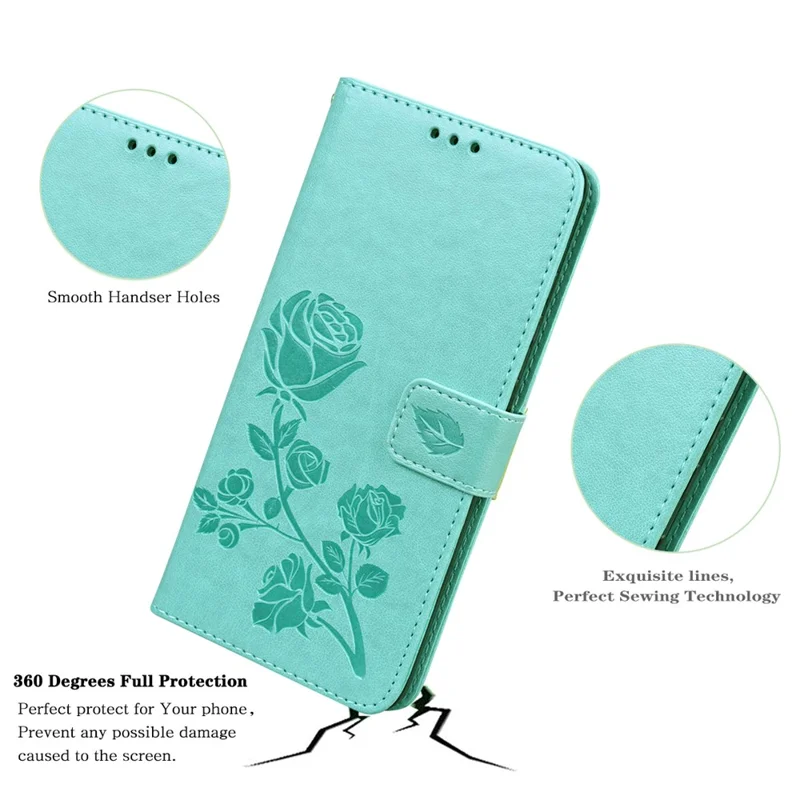 For iPhone 16 Case Rose Pattern Leather Wallet Phone Cover with Strap - Green