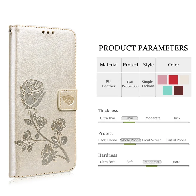 For iPhone 16 Plus Case Rose Pattern Leather Wallet Phone Cover with Strap - Gold