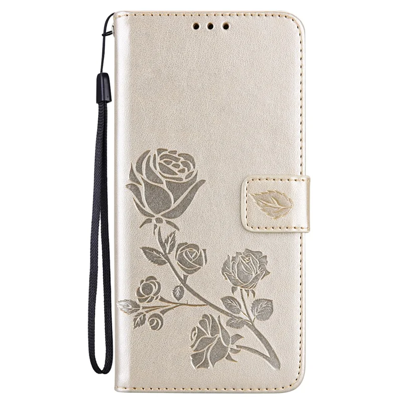 For iPhone 16 Plus Case Rose Pattern Leather Wallet Phone Cover with Strap - Gold