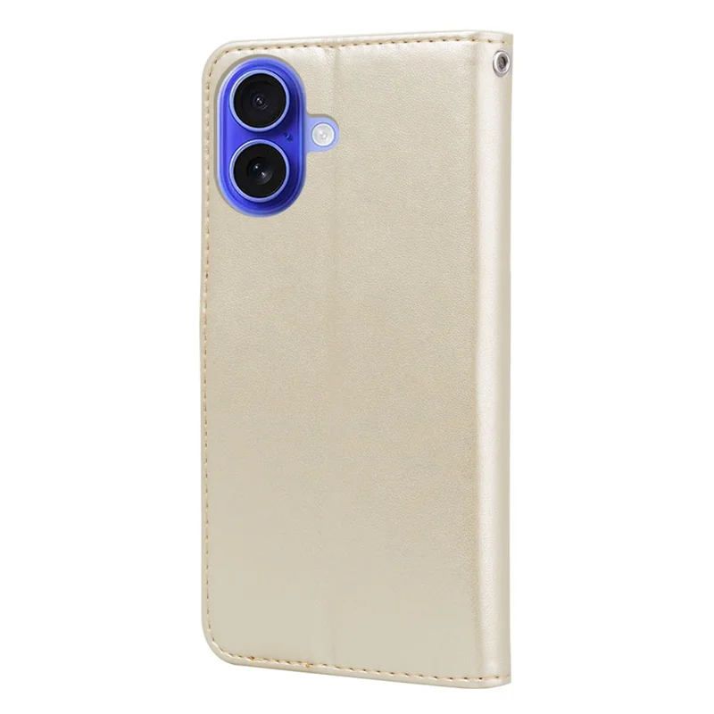 For iPhone 16 Plus Case Rose Pattern Leather Wallet Phone Cover with Strap - Gold