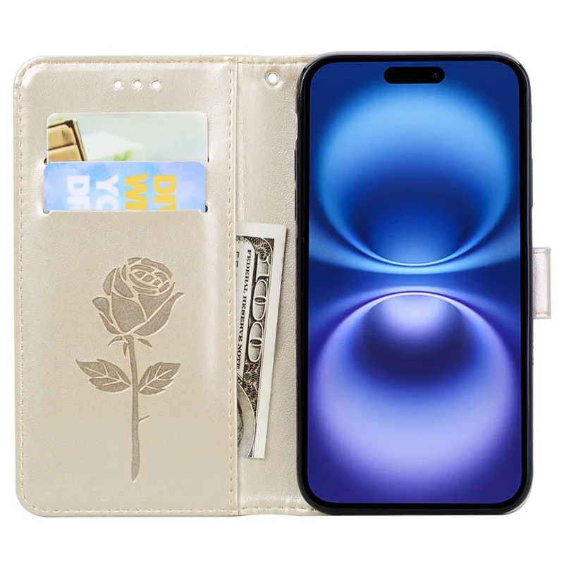 For iPhone 16 Plus Case Rose Pattern Leather Wallet Phone Cover with Strap - Gold
