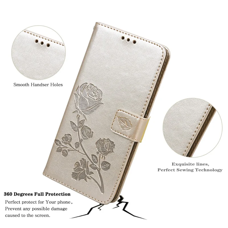 For iPhone 16 Plus Case Rose Pattern Leather Wallet Phone Cover with Strap - Gold