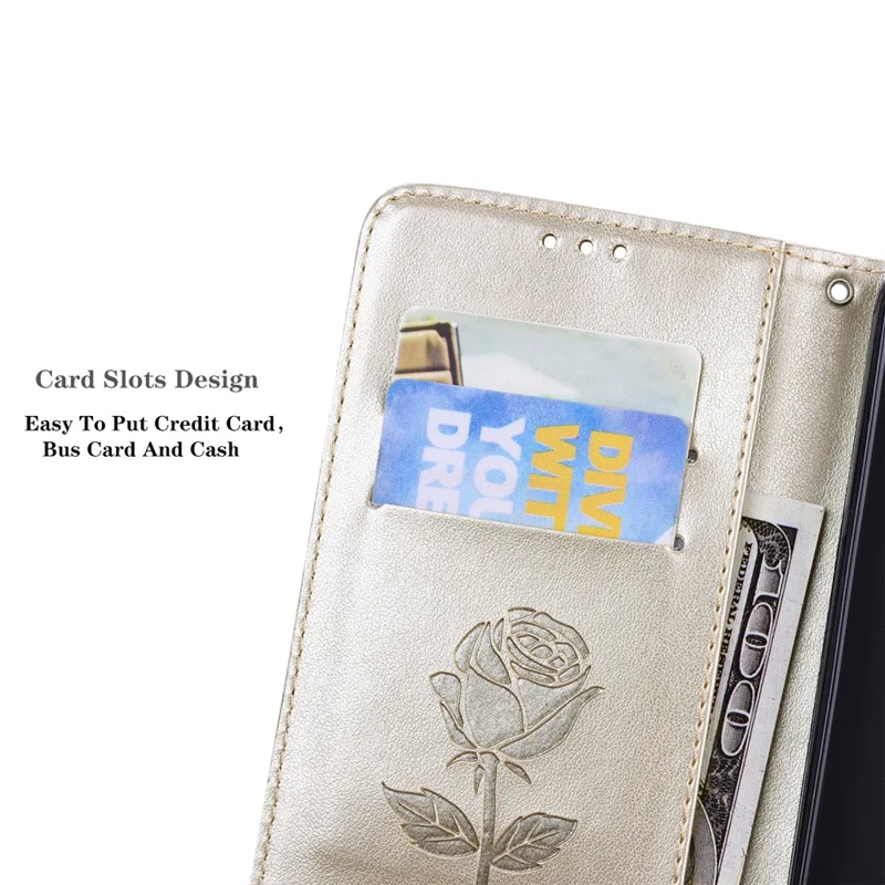 For iPhone 16 Plus Case Rose Pattern Leather Wallet Phone Cover with Strap - Gold