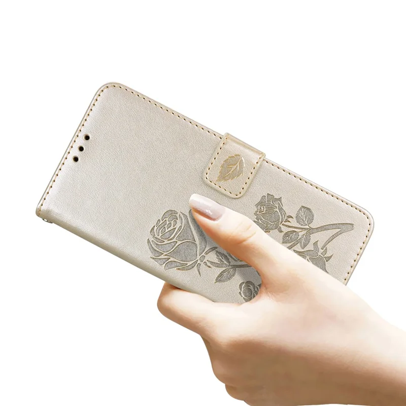 For iPhone 16 Plus Case Rose Pattern Leather Wallet Phone Cover with Strap - Gold