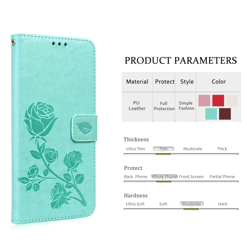 For iPhone 15 Case Rose Pattern Leather Wallet Phone Cover with Strap - Green