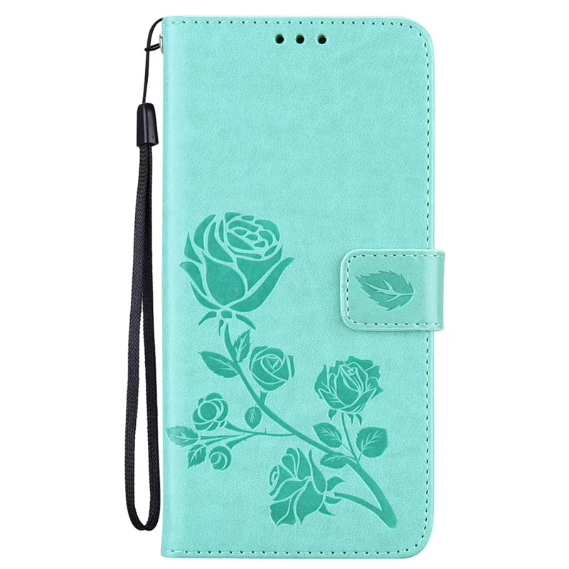 For iPhone 15 Case Rose Pattern Leather Wallet Phone Cover with Strap - Green