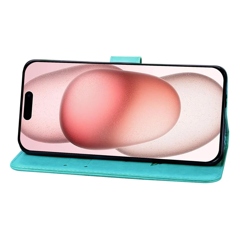 For iPhone 15 Case Rose Pattern Leather Wallet Phone Cover with Strap - Green