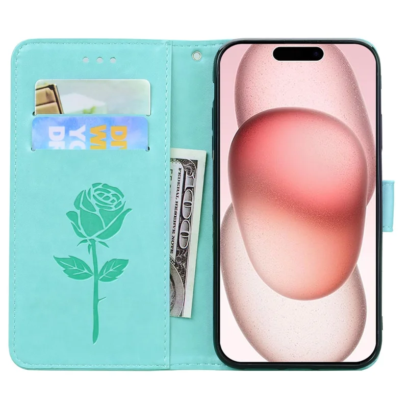 For iPhone 15 Case Rose Pattern Leather Wallet Phone Cover with Strap - Green
