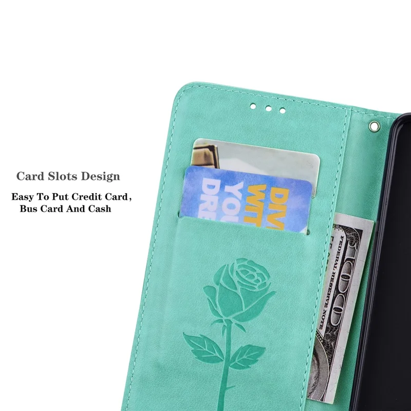 For iPhone 15 Case Rose Pattern Leather Wallet Phone Cover with Strap - Green