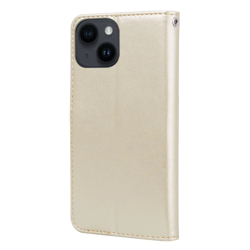For iPhone 15 Case Rose Pattern Leather Wallet Phone Cover with Strap - Gold