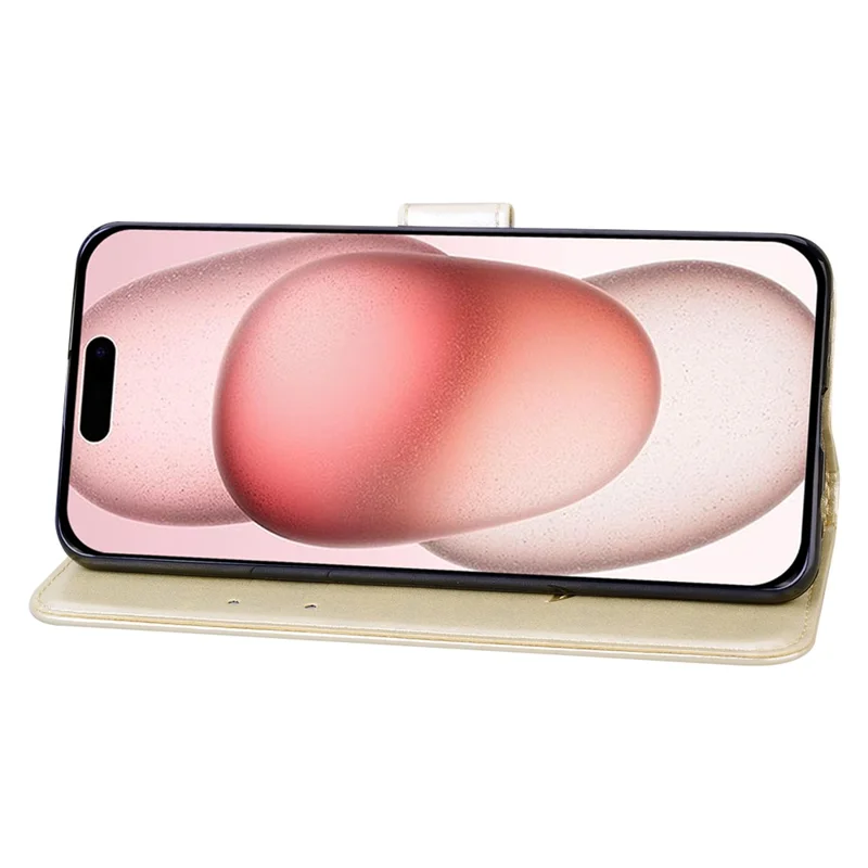 For iPhone 15 Case Rose Pattern Leather Wallet Phone Cover with Strap - Gold