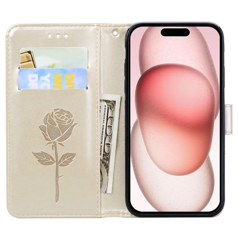 For iPhone 15 Case Rose Pattern Leather Wallet Phone Cover with Strap - Gold