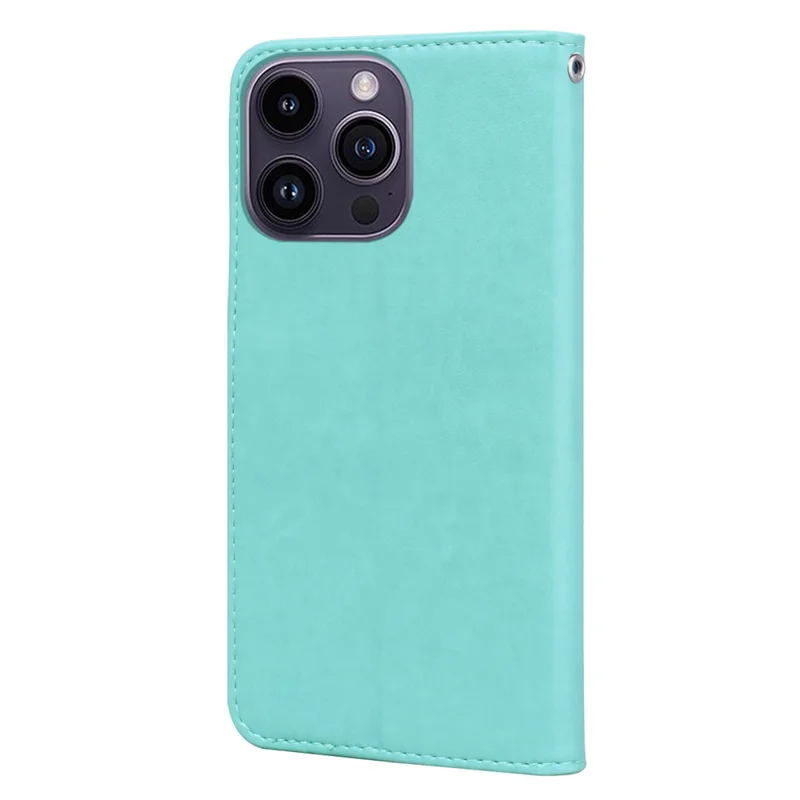For iPhone 14 Pro Max Case Rose Pattern Leather Wallet Phone Cover with Strap - Green