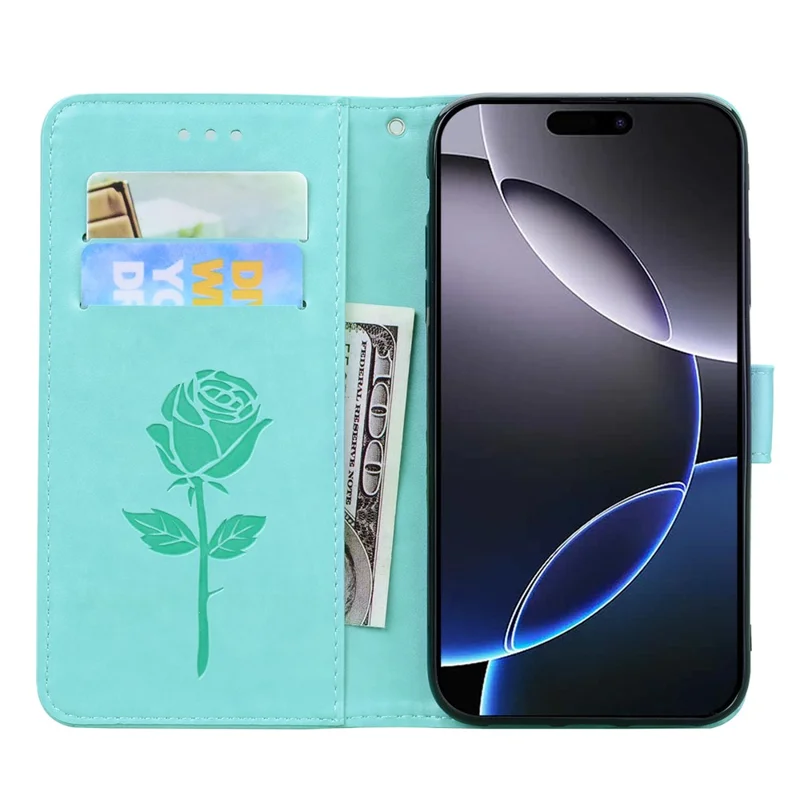 For iPhone 14 Pro Max Case Rose Pattern Leather Wallet Phone Cover with Strap - Green