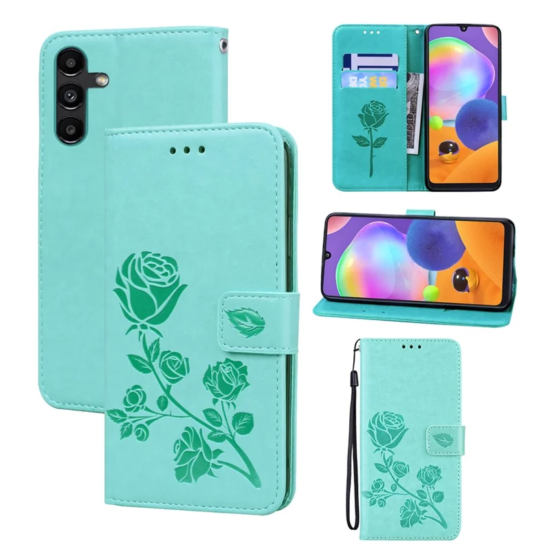 Zijden Rozenpatroon Leren Wallet Hoesje voor Samsung Galaxy A35 5G met Bandje - Groen