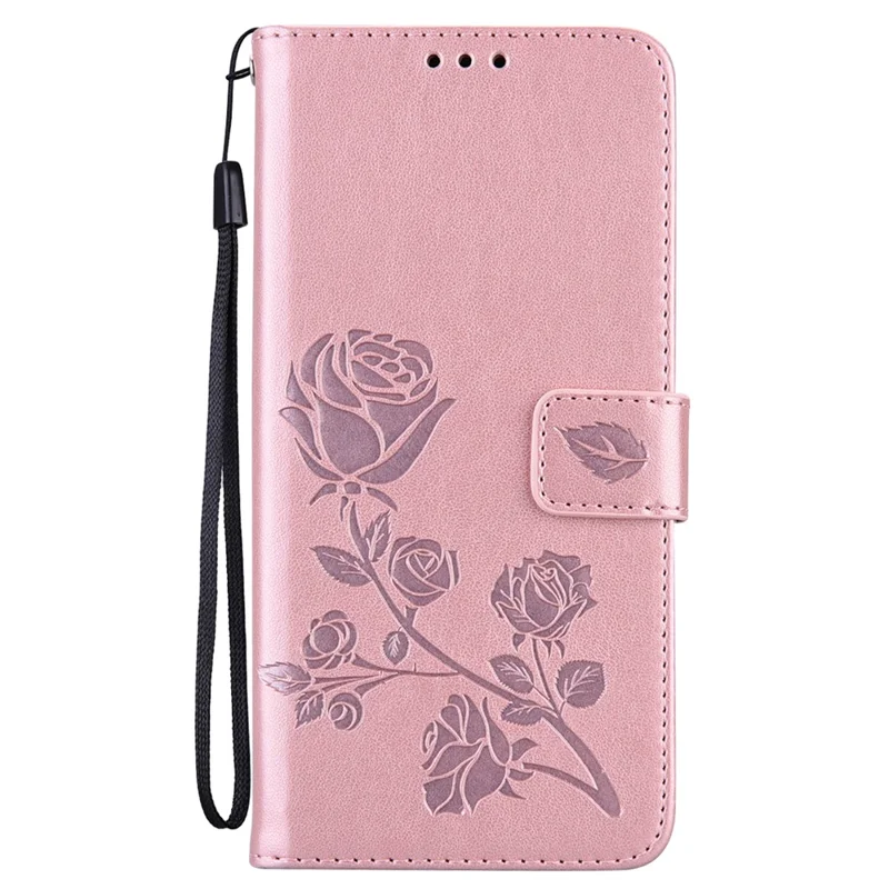 For Samsung Galaxy A25 5G (Global) (161mm) Case Rose Pattern Leather Wallet Phone Cover with Strap - Rose Gold