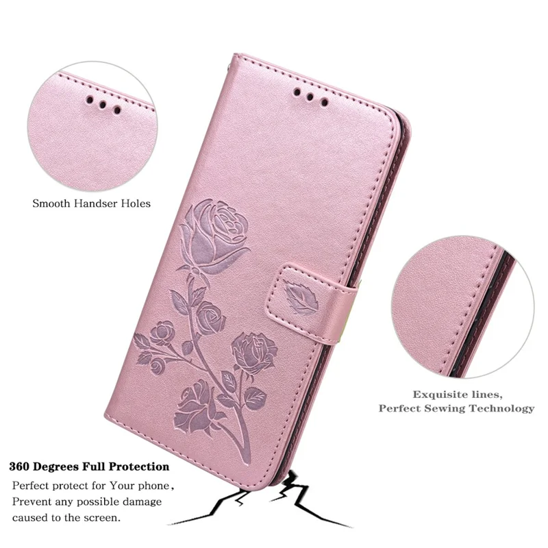 For Samsung Galaxy A25 5G (Global) (161mm) Case Rose Pattern Leather Wallet Phone Cover with Strap - Rose Gold
