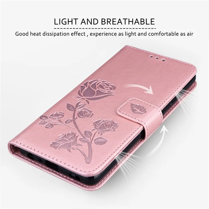 For Samsung Galaxy A25 5G (Global) (161mm) Case Rose Pattern Leather Wallet Phone Cover with Strap - Rose Gold