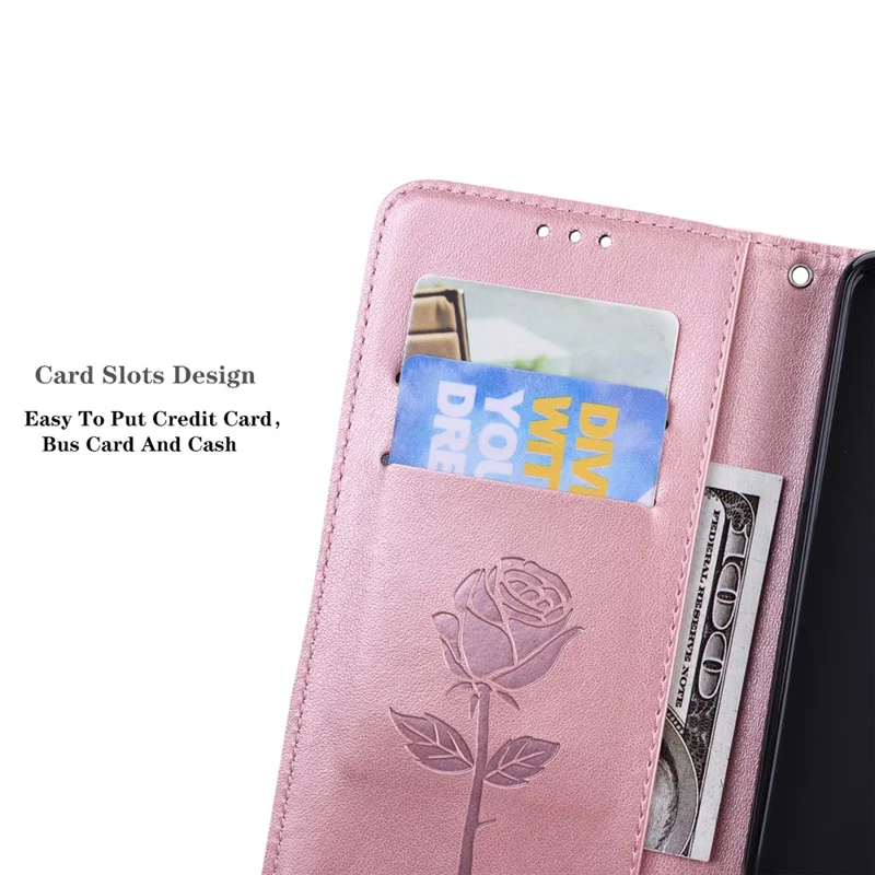 For Samsung Galaxy A25 5G (Global) (161mm) Case Rose Pattern Leather Wallet Phone Cover with Strap - Rose Gold