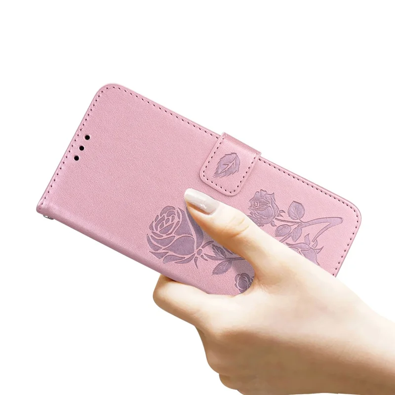 For Samsung Galaxy A25 5G (Global) (161mm) Case Rose Pattern Leather Wallet Phone Cover with Strap - Rose Gold
