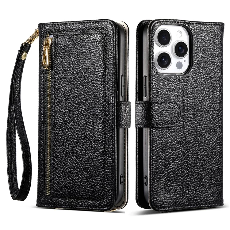 ESEBLE E11 For iPhone 16 Pro Case Zipper Pocket Litchi Texture Leather Phone Cover with Mirror and Wrist Strap - Black