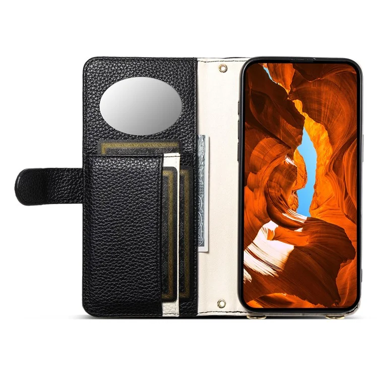 ESEBLE E11 For iPhone 16 Pro Case Zipper Pocket Litchi Texture Leather Phone Cover with Mirror and Wrist Strap - Black