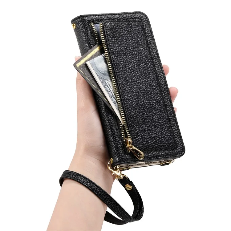 ESEBLE E11 For iPhone 16 Pro Case Zipper Pocket Litchi Texture Leather Phone Cover with Mirror and Wrist Strap - Black