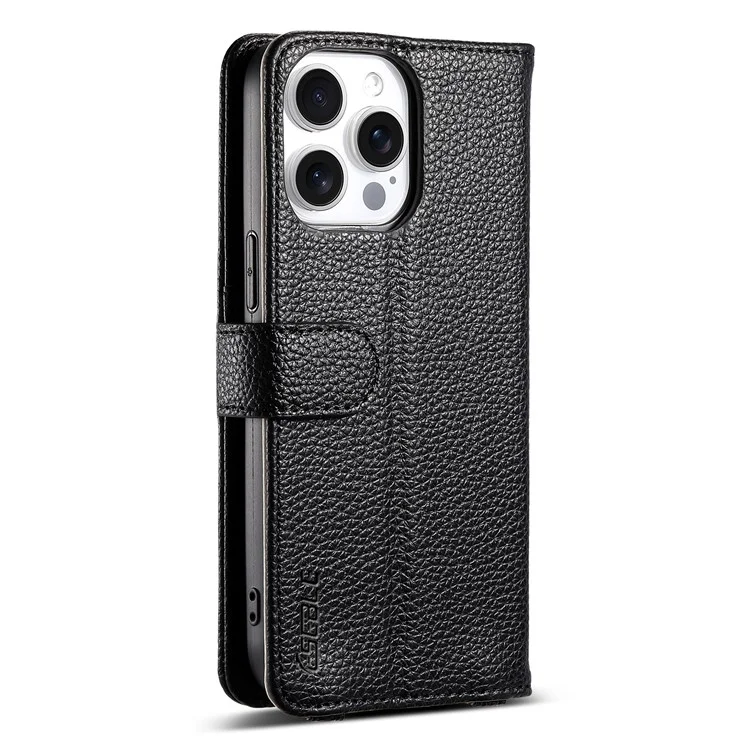 ESEBLE E11 For iPhone 16 Pro Case Zipper Pocket Litchi Texture Leather Phone Cover with Mirror and Wrist Strap - Black