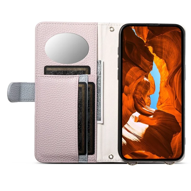 ESEBLE E11 For iPhone 16 Plus Case Zipper Pocket Litchi Texture Leather Phone Cover with Mirror and Wrist Strap - Light Purple