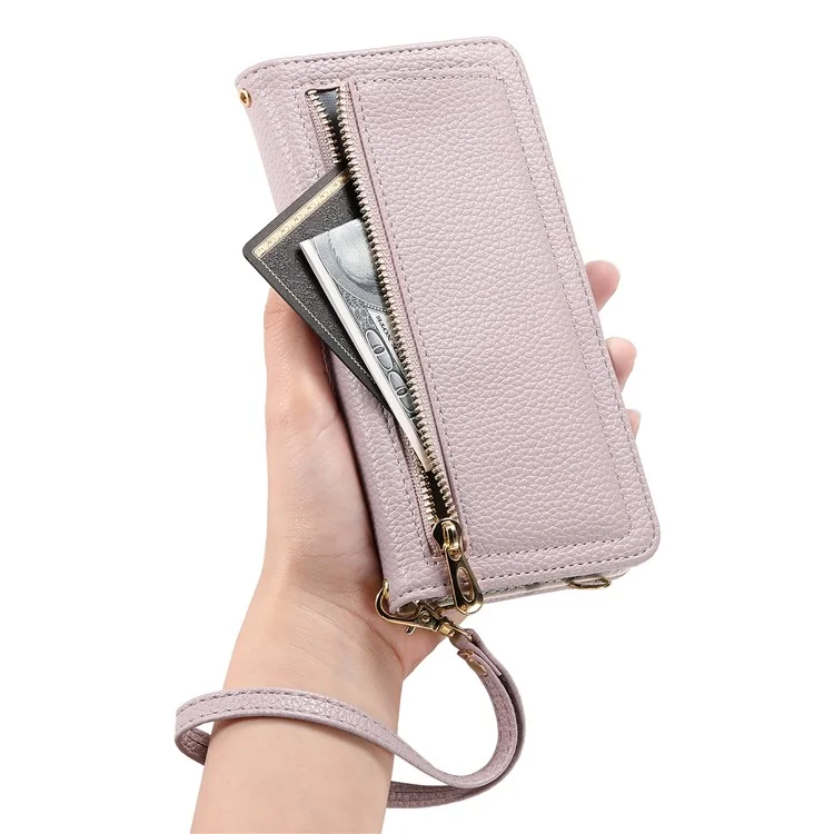 ESEBLE E11 For iPhone 16 Plus Case Zipper Pocket Litchi Texture Leather Phone Cover with Mirror and Wrist Strap - Light Purple