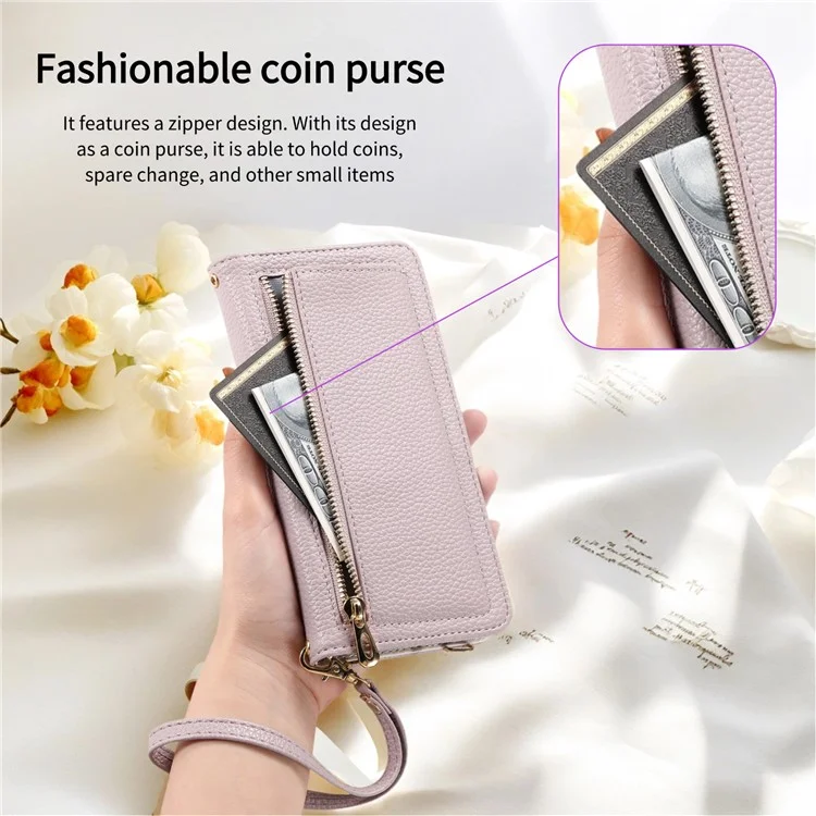 ESEBLE E11 For iPhone 16 Plus Case Zipper Pocket Litchi Texture Leather Phone Cover with Mirror and Wrist Strap - Light Purple