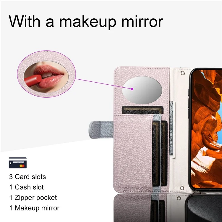 ESEBLE E11 For iPhone 16 Plus Case Zipper Pocket Litchi Texture Leather Phone Cover with Mirror and Wrist Strap - Light Purple