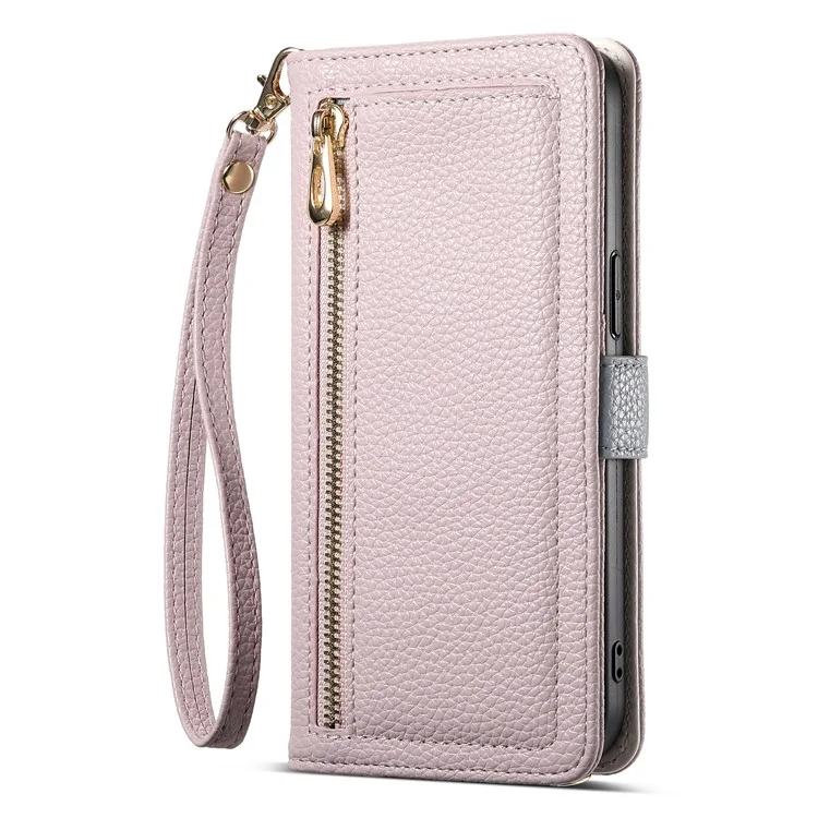 ESEBLE E11 For iPhone 16 Plus Case Zipper Pocket Litchi Texture Leather Phone Cover with Mirror and Wrist Strap - Light Purple
