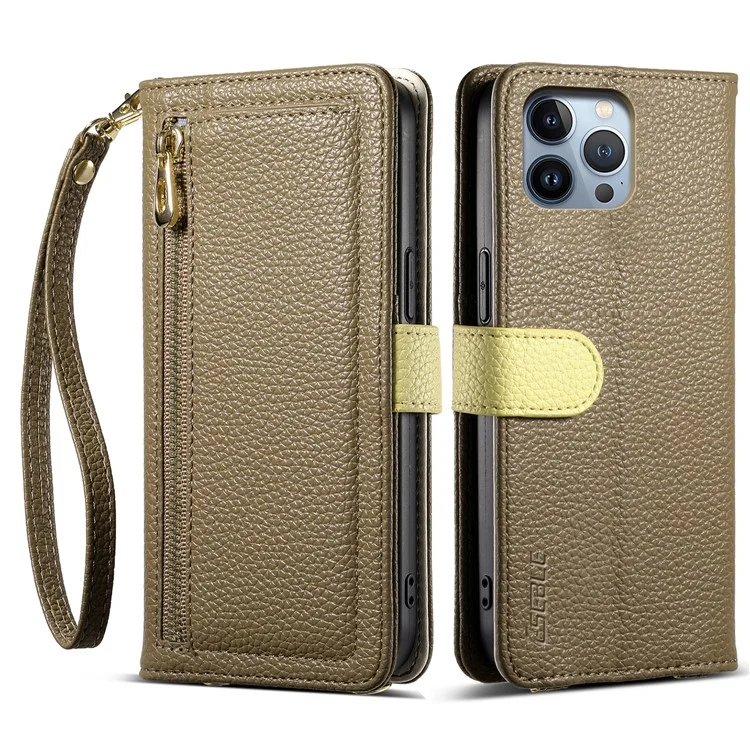 ESEBLE E11 For iPhone 15 Pro Case Zipper Pocket Litchi Texture Leather Phone Cover with Mirror and Wrist Strap - Brown