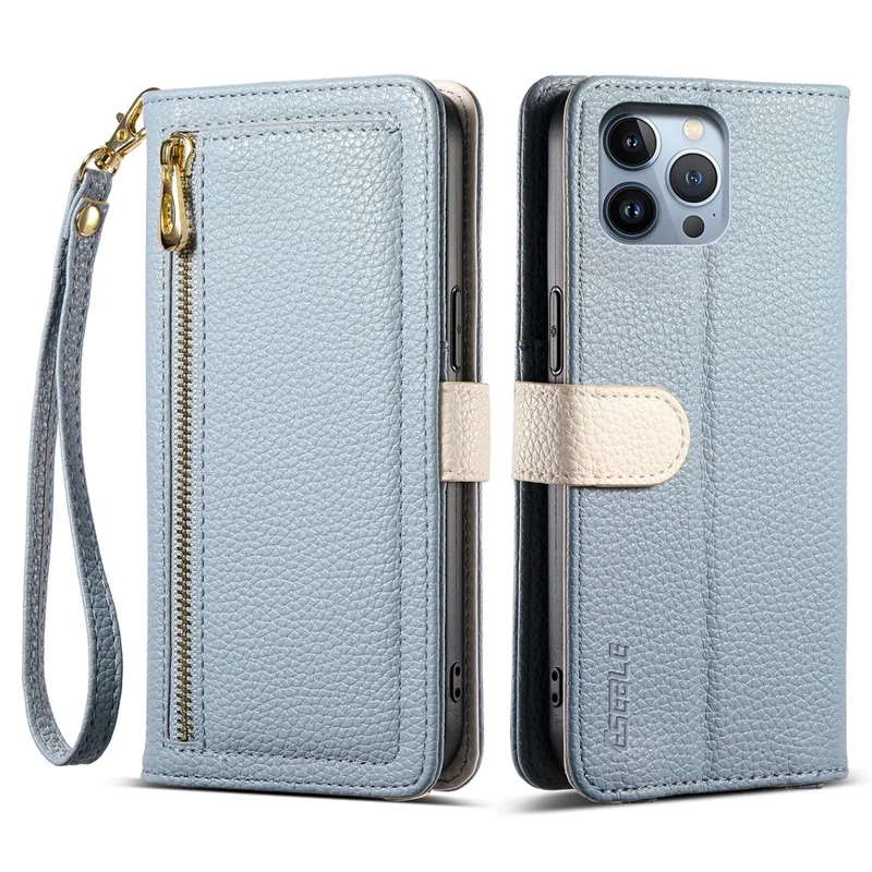 ESEBLE E11 For iPhone 14 Pro Max Case Zipper Pocket Litchi Texture Leather Phone Cover with Mirror and Wrist Strap - Sky Blue