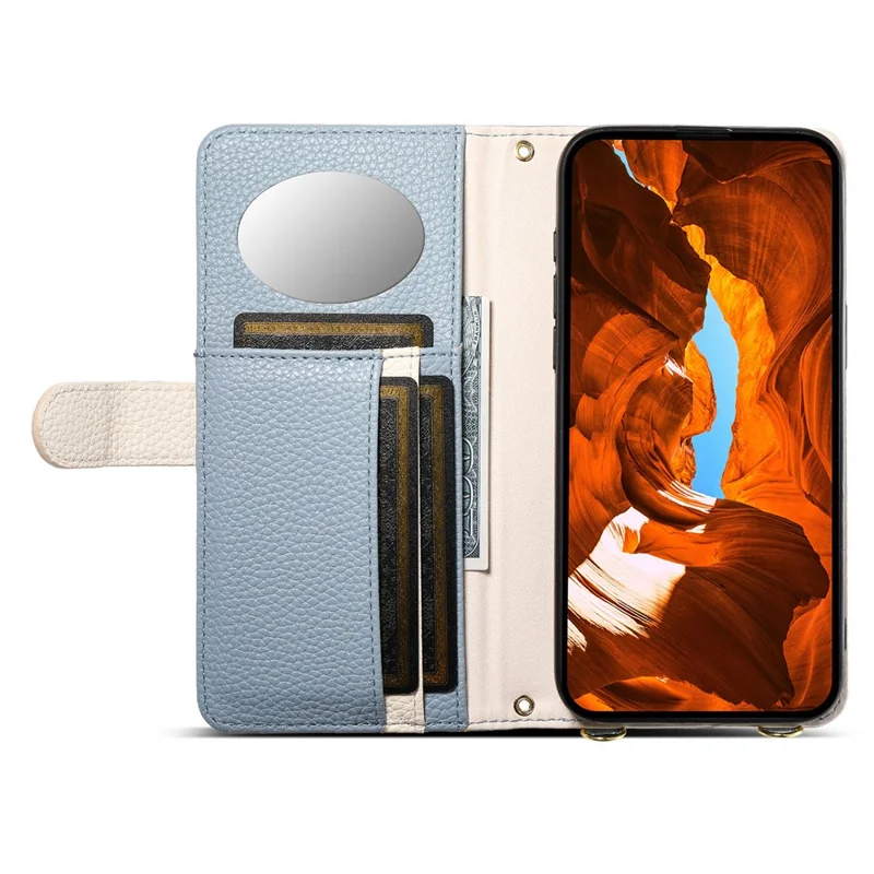 ESEBLE E11 For iPhone 14 Pro Max Case Zipper Pocket Litchi Texture Leather Phone Cover with Mirror and Wrist Strap - Sky Blue
