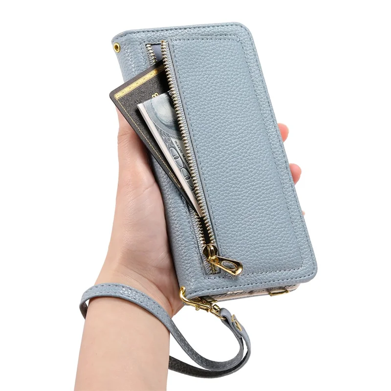ESEBLE E11 For iPhone 14 Pro Max Case Zipper Pocket Litchi Texture Leather Phone Cover with Mirror and Wrist Strap - Sky Blue