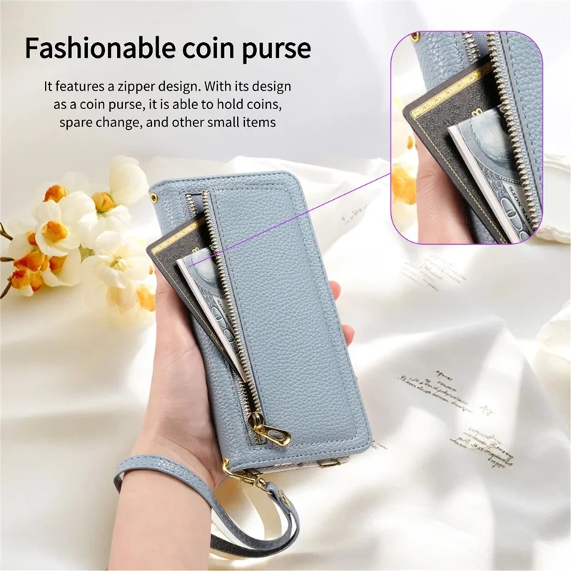 ESEBLE E11 For iPhone 14 Pro Max Case Zipper Pocket Litchi Texture Leather Phone Cover with Mirror and Wrist Strap - Sky Blue