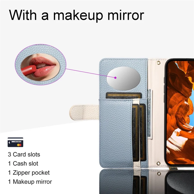 ESEBLE E11 For iPhone 14 Pro Max Case Zipper Pocket Litchi Texture Leather Phone Cover with Mirror and Wrist Strap - Sky Blue