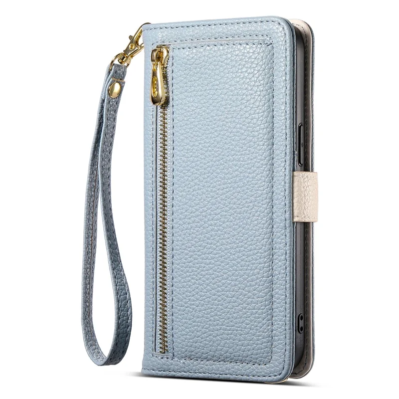 ESEBLE E11 For iPhone 14 Pro Max Case Zipper Pocket Litchi Texture Leather Phone Cover with Mirror and Wrist Strap - Sky Blue