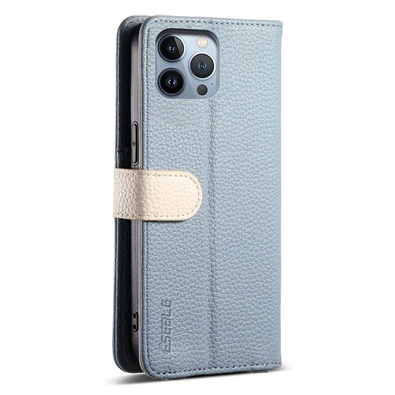 ESEBLE E11 For iPhone 14 Pro Max Case Zipper Pocket Litchi Texture Leather Phone Cover with Mirror and Wrist Strap - Sky Blue