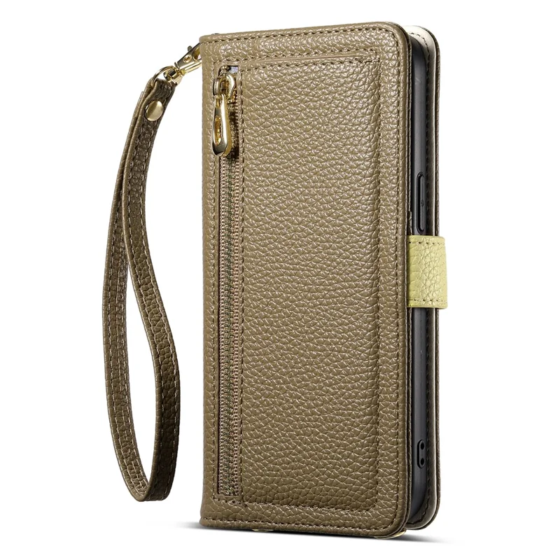 ESEBLE E11 For iPhone 14 Pro Case Zipper Pocket Litchi Texture Leather Phone Cover with Mirror and Wrist Strap - Brown