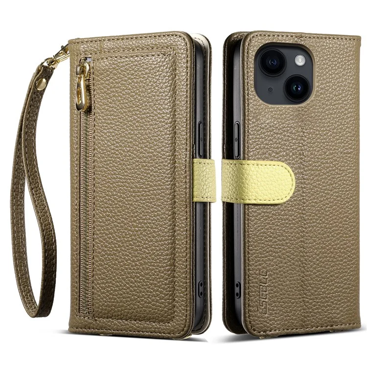 ESEBLE E11 For iPhone 15 Plus / 14 Plus Case Zipper Pocket Litchi Texture Leather Phone Cover with Mirror and Wrist Strap - Brown