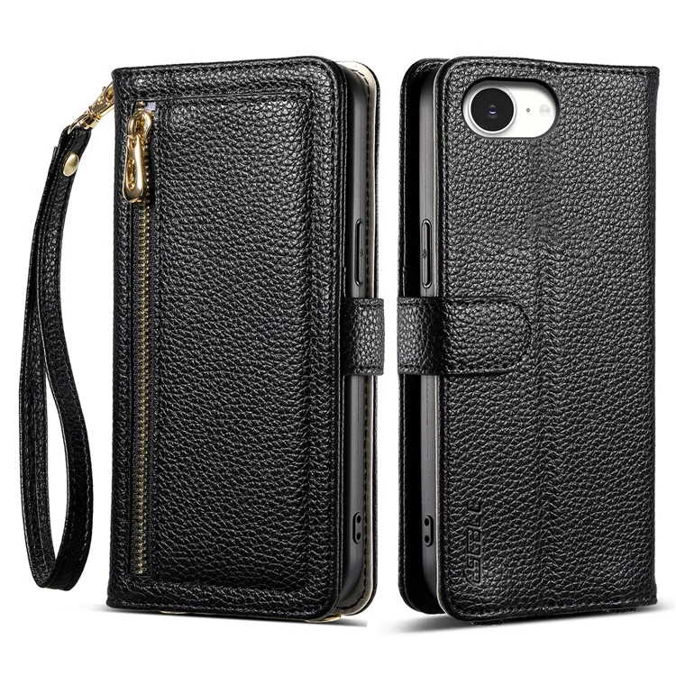 ESEBLE E11 For iPhone 16e Case Zipper Pocket Litchi Texture Leather Phone Cover with Mirror and Wrist Strap - Black