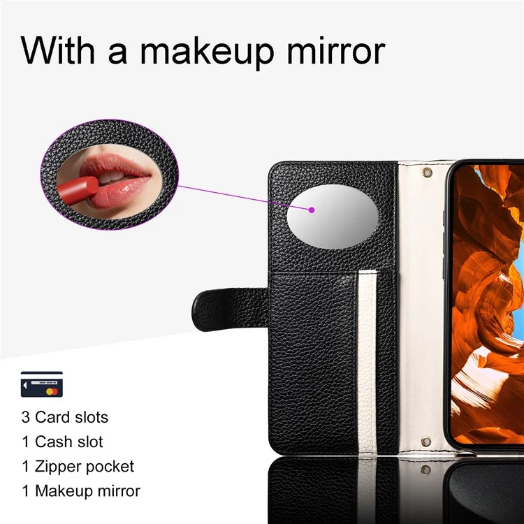 ESEBLE E11 For iPhone 16e Case Zipper Pocket Litchi Texture Leather Phone Cover with Mirror and Wrist Strap - Black