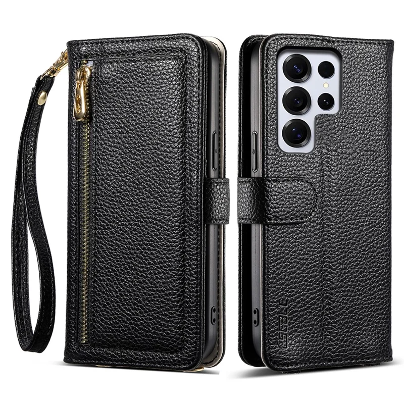 ESEBLE E11 For Samsung Galaxy S25 Ultra Case Zipper Pocket Litchi Texture Leather Phone Cover with Mirror and Wrist Strap - Black